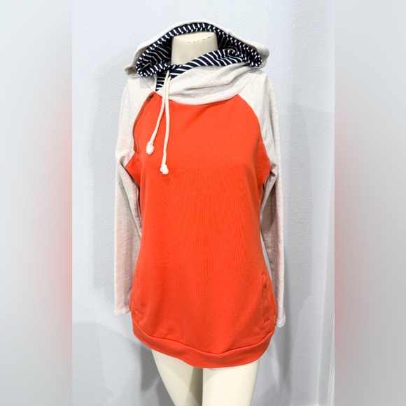 Vanilla Bay Tops - Vanilla Bay Doublehood Sweatshirt Women's S Orange/Gray/Striped Hoodie Thumbhole